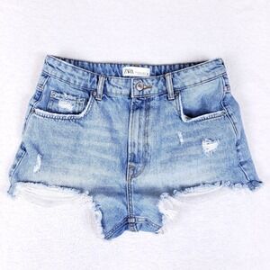ZARA Distressed High Rise Denim Shorts 8 Light Wash